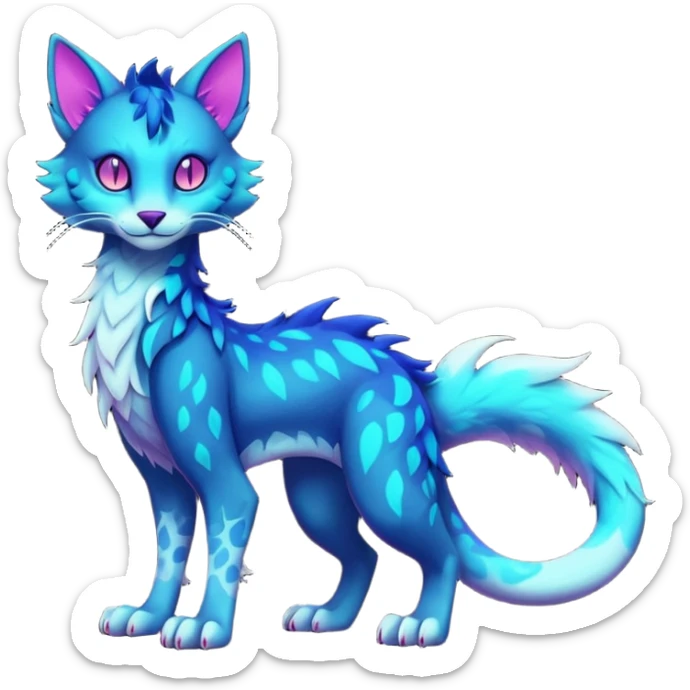 Kawaii dark edgy colorful vibrant neon glowing fantasy feline-vernid-sergal-fursona animal creature with a tufted tail full body with intricate markings  sticker