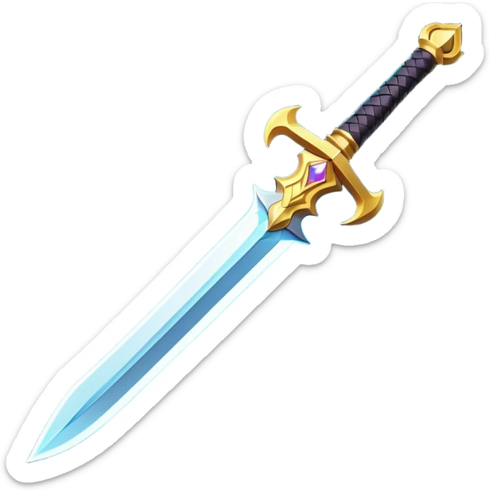 Clash of Clans aesthetic: Cinematic Playful 3D Isometric Sword Emoji, rendered in a 3D vector-style similar to standard emojis with minimal shading and bold, simplified shapes. A compact, distinct form with signature details, softly glowing with a fantasy RPG magic charm. Simplified yet unmistakably iconic, highly detailed and consistent, glowing with a soft radiance and high shine. Stylized with a touch of heroic grandeur and a soft glowing outline, capturing the essence of a beloved gaming relic with a friendly, playful manner! sticker