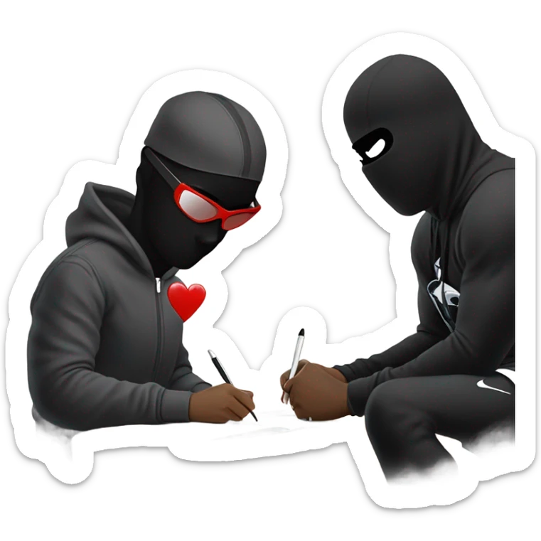 give me a song picture for make it a black cartoon character in a balaclava and a nike tracksuit and jordans with black sunglasses with a broken heart writing a letter while looking down on a whitewoman with black hair sticker