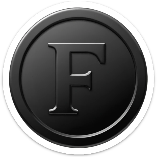 Emoji icon of a black coin with engraved letter F, minimalist style, isolated, only black color sticker