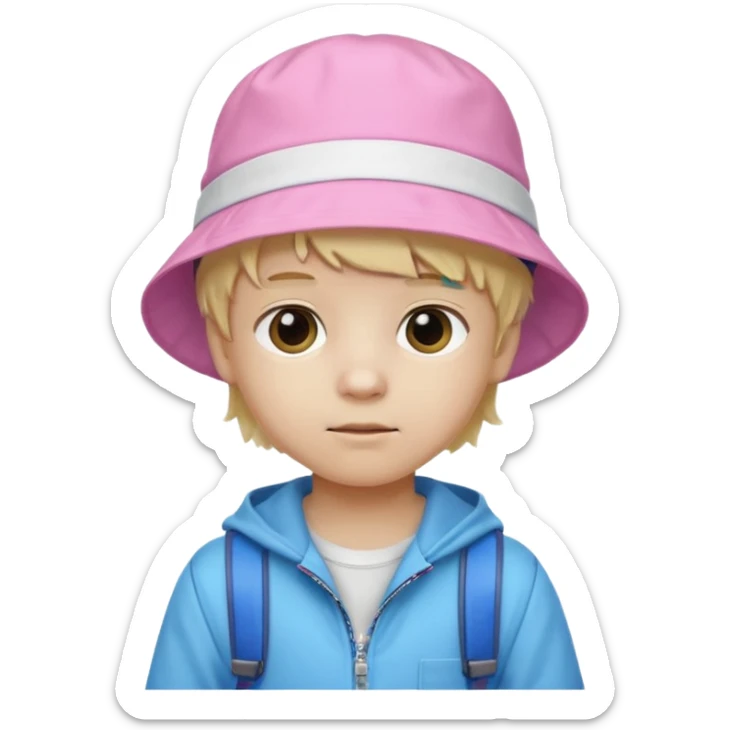 A little boy student white skin, blonde hair, with pink bucket hat, white jacket, blue backpack sticker