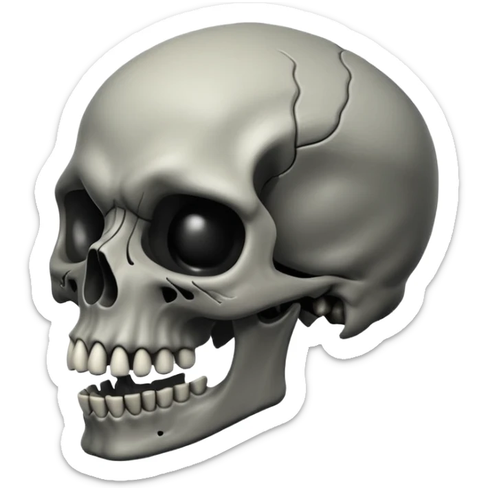 A skull that is dark depressing and under saturated make him creepy and scary but also cursed and his jaw is like uncanny long but not too long that it’s like monster long like impressive human achieveable long sticker