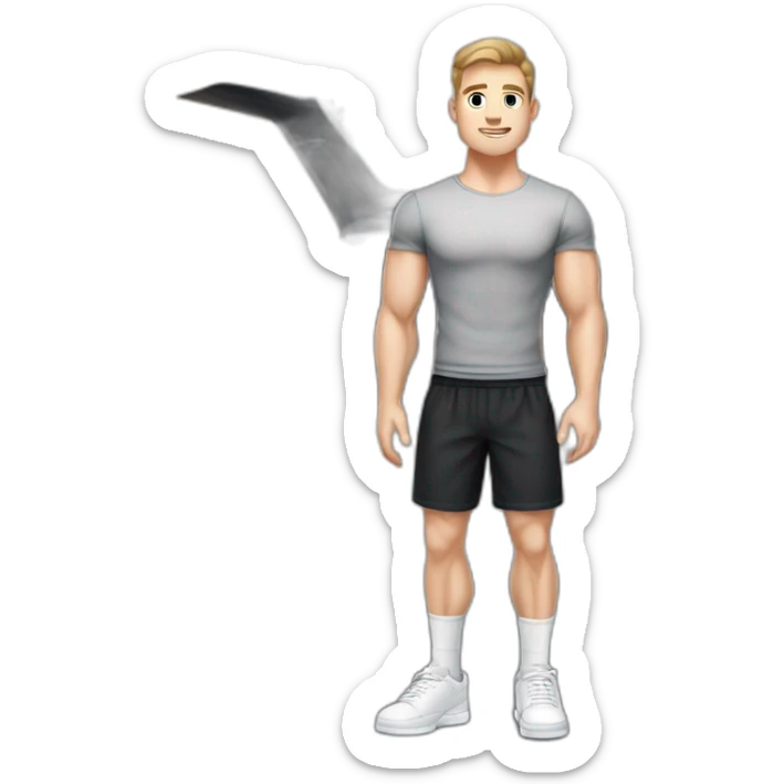 Pale skinned Fit Man With the biceps and dark brown hair in black shirt, gray sports shorts and white Sneakers Relies on the plane sticker