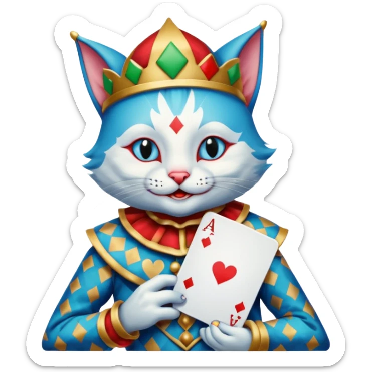 crazy colorful cute little cat jolly joker from poker, medieval, vintage, court jester, mac os icon, blue color, holds poker cards sticker