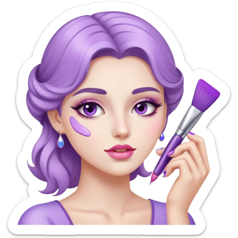 quiero una mujer con piel clara la cual se este maquillando con productos en tonos lilas sticker