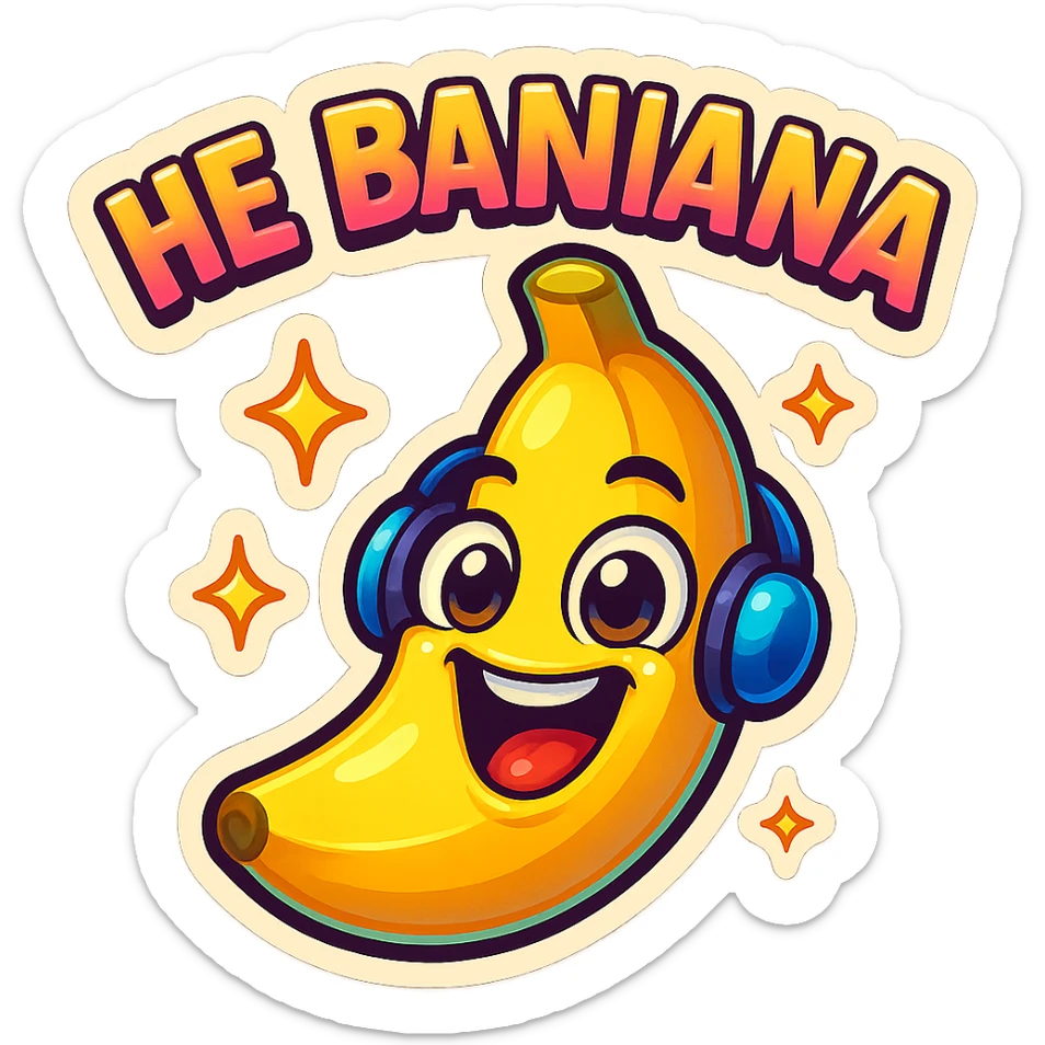 Funny cartoon banana, big happy smiling face, wearing tiny headphones, wide excited eyes, tiny sparkles around, text above: "НЕ БАНАНА ", chibi style, Twitch emoji style, colorful, transparent background sticker