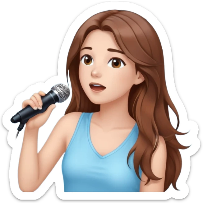 Beautiful Girl with long brown hair singing karaoke funny light blue aesthetic background with lights  sticker