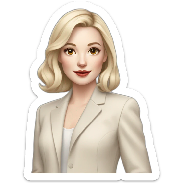 pale skin woman with ash blonde Straightened bob Hair, White Spacious classical jacket, beige palazzo Arrow pants and gray blouse holding a color palettes in the hands sticker