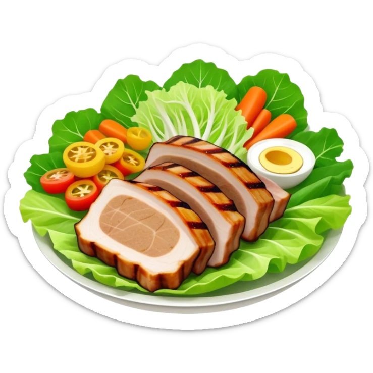 Samgyeopsal Cinematic Realistic Samgyeopsal Dish Emoji, depicted as slices of grilled pork belly served in crisp lettuce leaves with assorted fresh vegetables, rendered with dynamic textures and appetizing, natural lighting. sticker