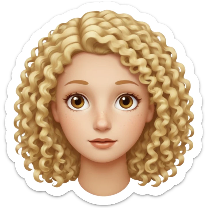 Blond curly hair white women, oval shape face hazel eyes long lashes little bit of freckles high cheek bones sticker