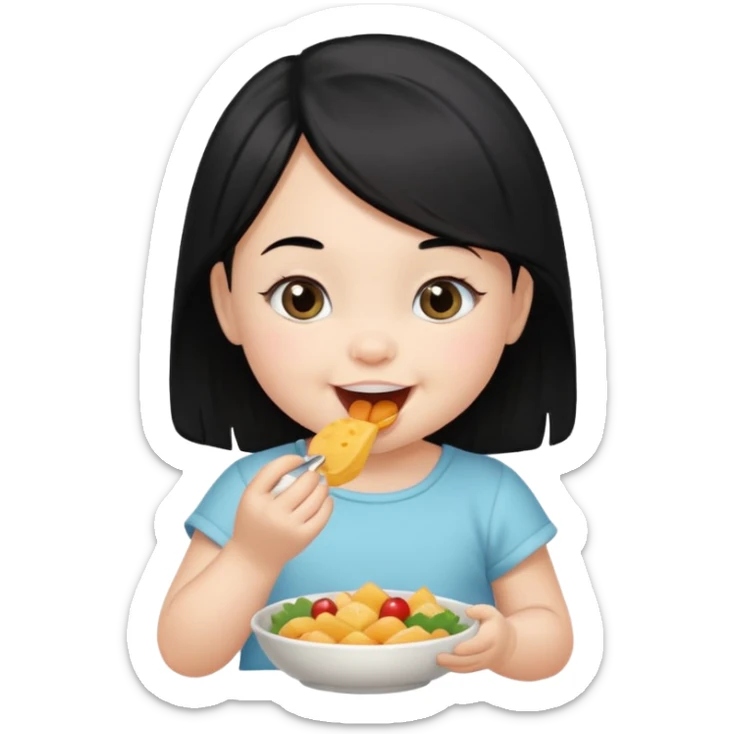 eating food well baby with happy face black hair girl sticker