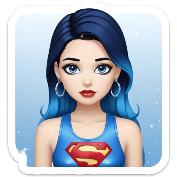 Flirty-very-beautiful-face-long-straight-dark-blue-ombre-hair-and-blue-eyes-thick-black-eyeliner-really-thick-long-eye-lashes-sky-blue-superman-tank-top-silver-hoop-earrings-glitter-lips sticker