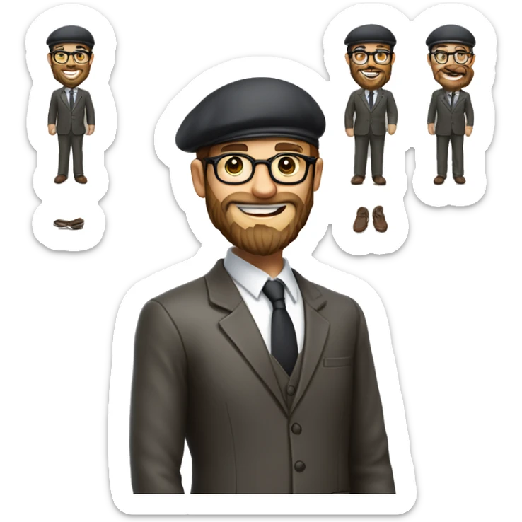 man, long brown beard, white skin, suit, standing and smile (full-body "slim"from the head to legs), beret hat, glasses sticker