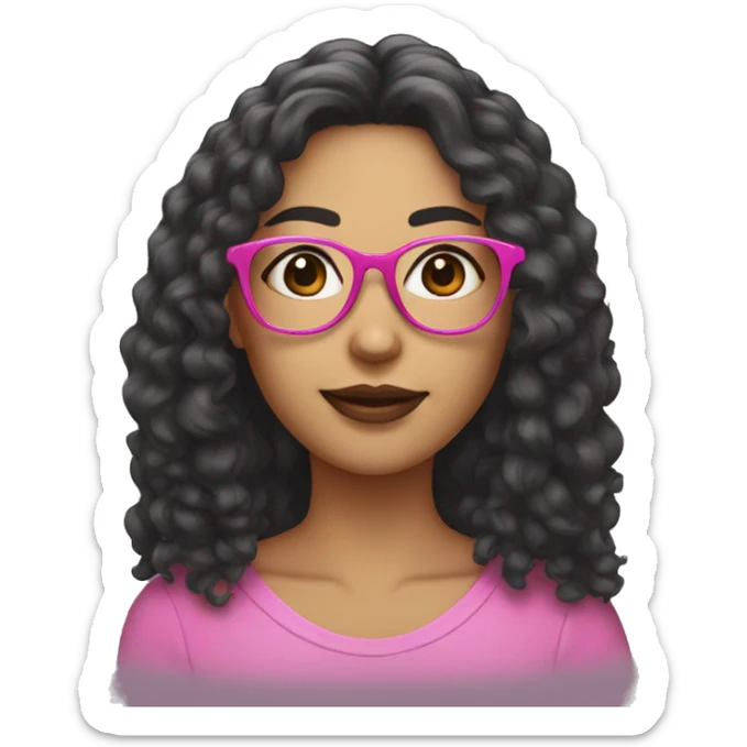 woman with blach frizz long hair and pink glasses sticker