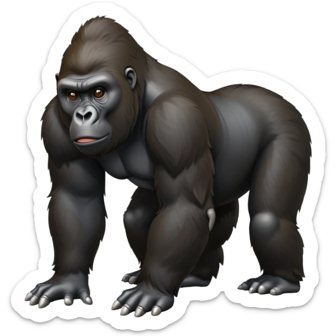 cinematic-gorilla-realistic-full-body-on all fours-emoji,-exuding-strength,-thick-dark-fur-glossy-in-the-light,-head-tilted-dramatically,-deep-dark-eyes-filled-with-intense-intelligence,-simplified-yet-realistic-focused-features,-highly-detailed,-glowing-with-an-almost-sarcastic-glow sticker