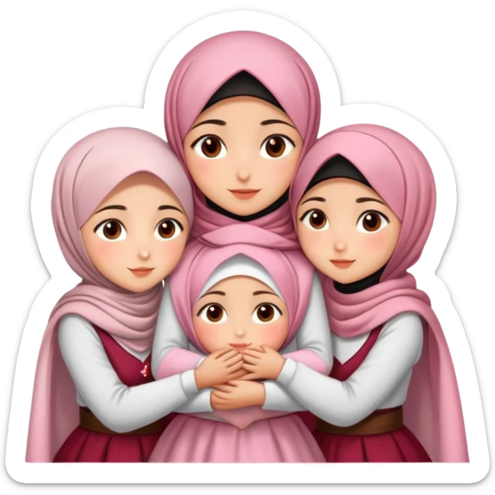 Four sister hugs Turkish girls beautiful finish Konya brown eyes with cherry blossom hijab and heart dress and hugs  sticker