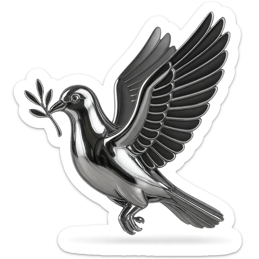 reflective chrome silhouette of a pigeon flying in profile, carrying a branch in its beak sticker