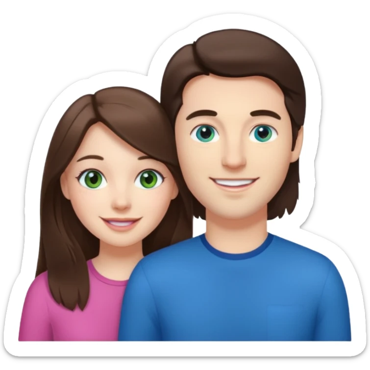 “A pink Polaroid-style photo of a couple: a white woman with long brunette hair and blue eyes, and a white man with short brunette hair and green eyes.” sticker