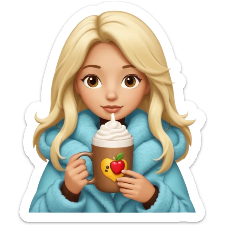 Tanned Girl with lashes , blonde hair, in an extremely big fluffy oversized coat and hold hot chocolate drink and more look like apple emoji face sticker