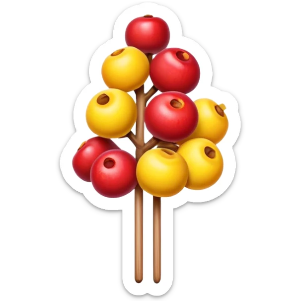 Tanghulu candied hawthorn fruits on wooden stick, simplified emoji style with bold outlines and bright colors, cartoon style shiny sugar coated Chinese street snack sticker