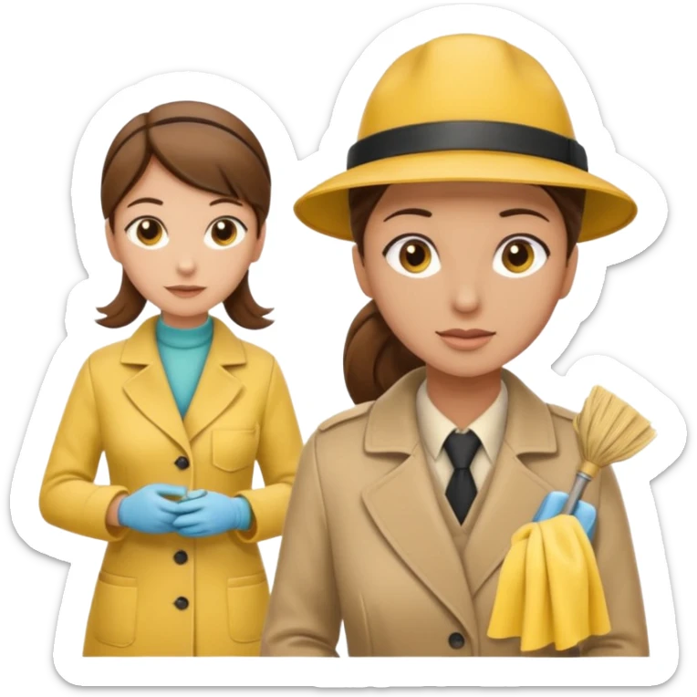 A cleaning Lady with Brown hair, high ponytail and yellow cleaning gloths is Talking to a Detektive (a man) with beige hat, a beige coat and he is interviewing the cleaning Lady sticker