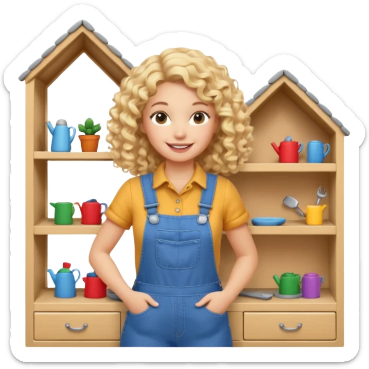 smiling blonde curly woman arranging furniture in doll house with overalls sticker