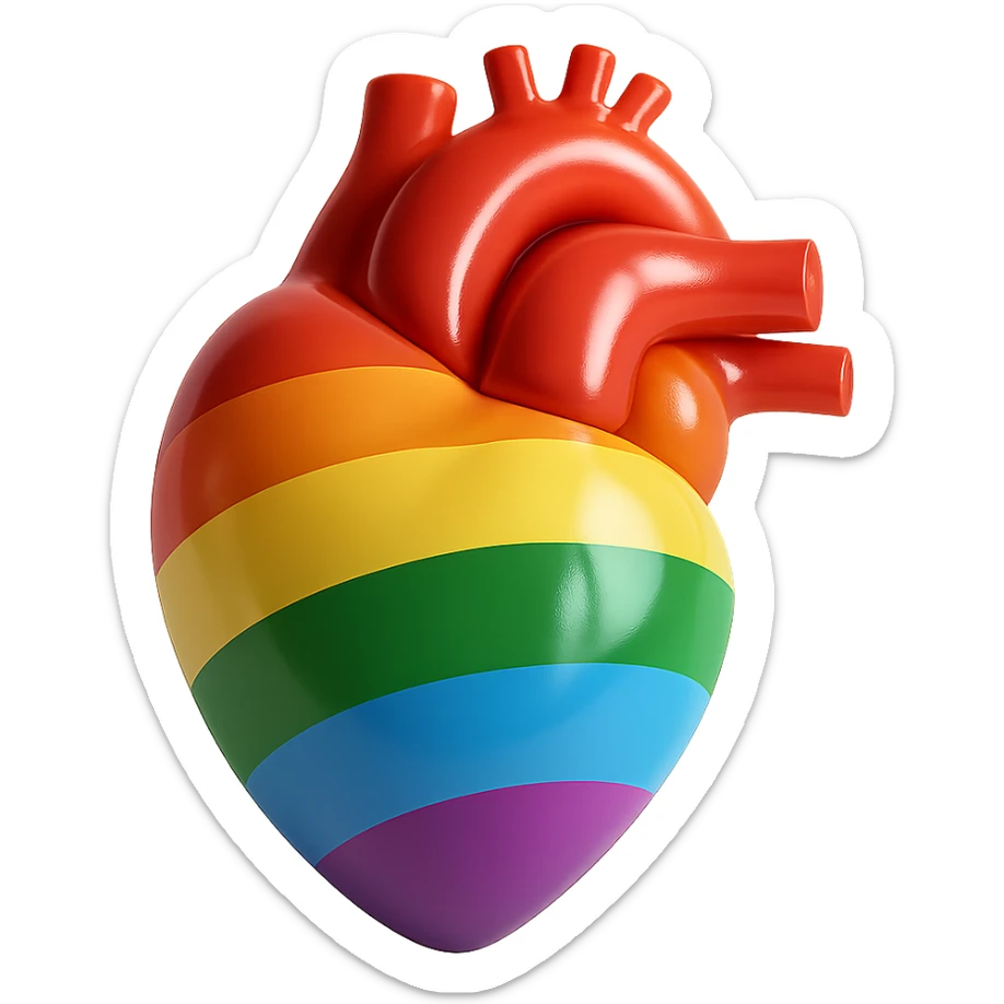 A photorealistic 3D realistic heart in rainbow pride colors, isolated with no background, background removed. sticker