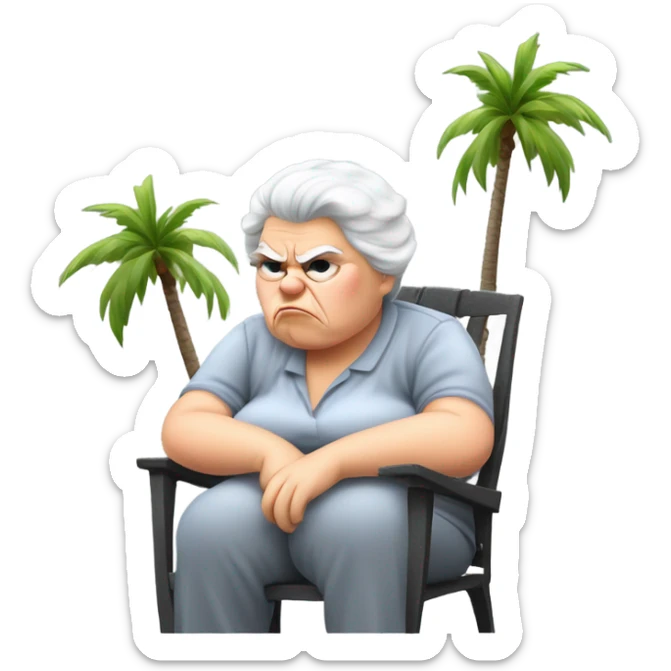 An angry old looking , short fat white lady with grey  hair , sitting outside next to palm trees , on a grey small plastic chair, smoking a cigarette  sticker