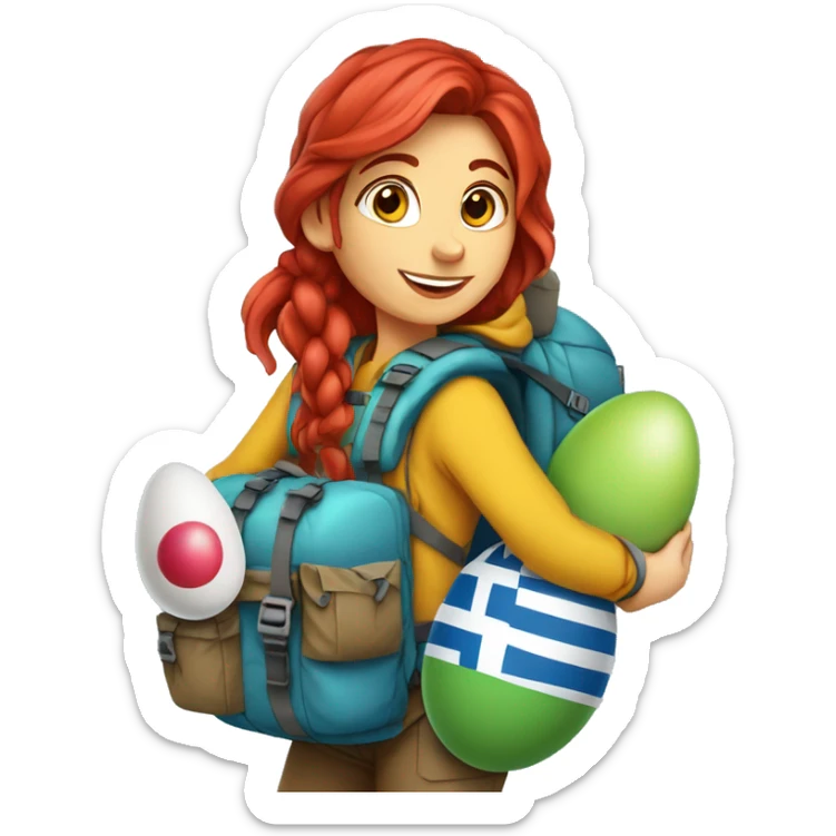 Female winter mountain climber red loose hair climbing with Greek flag on backpack and holding Easter eggs basket sticker