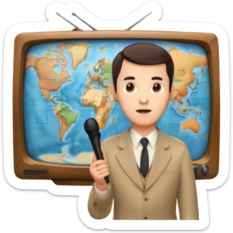 Icon for Documentary Film (TV style): A large vintage TV screen with a serious-looking host standing in front of a map. The host holds a microphone, and the map displays historical or geographical information. Retro TV broadcast style. Transparent background. sticker