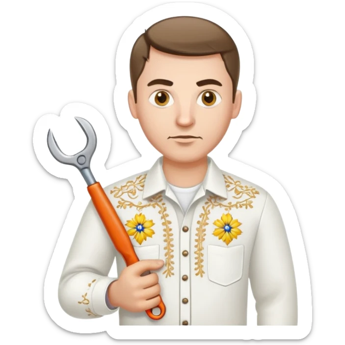 Ukrainian man in white embroidered traditional shirt holding a wrench in one hand and scissors in other hand sticker