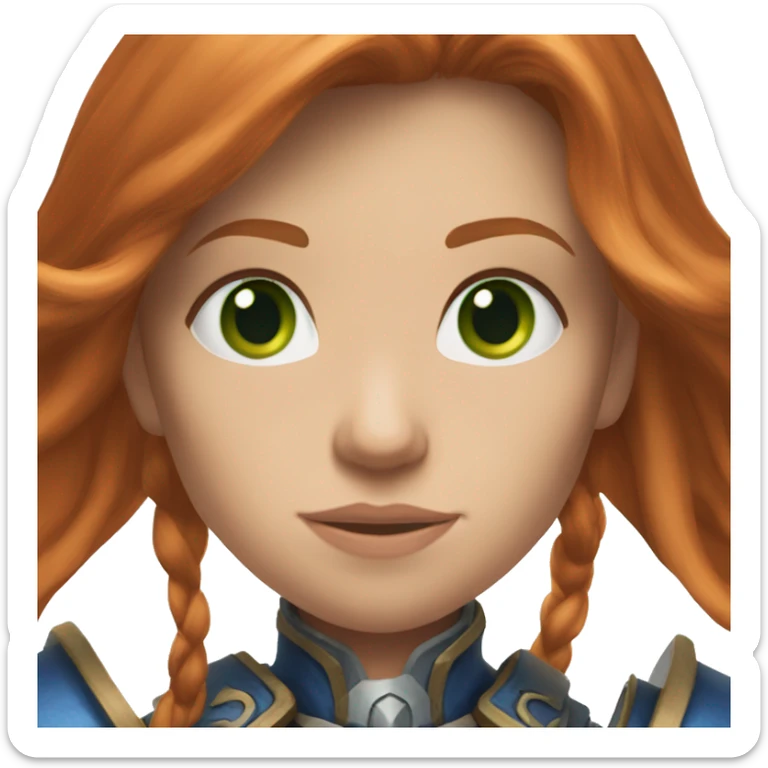 femae human from world of warcraft, ginger hair, green eyes, long hair, blue armor sticker