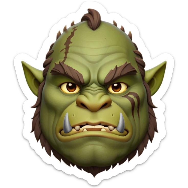 Cinematic Noble Ogre Portrait Emoji, Majestic and imposing, with a rugged, muscular form in deep earthy greens and browns, adorned with battle scars and subtle tribal markings, exuding calm, noble strength and unexpected wisdom, simplified yet strikingly detailed, glowing with a shadowy outline that captures the essence of a gentle giant with fierce heart! sticker