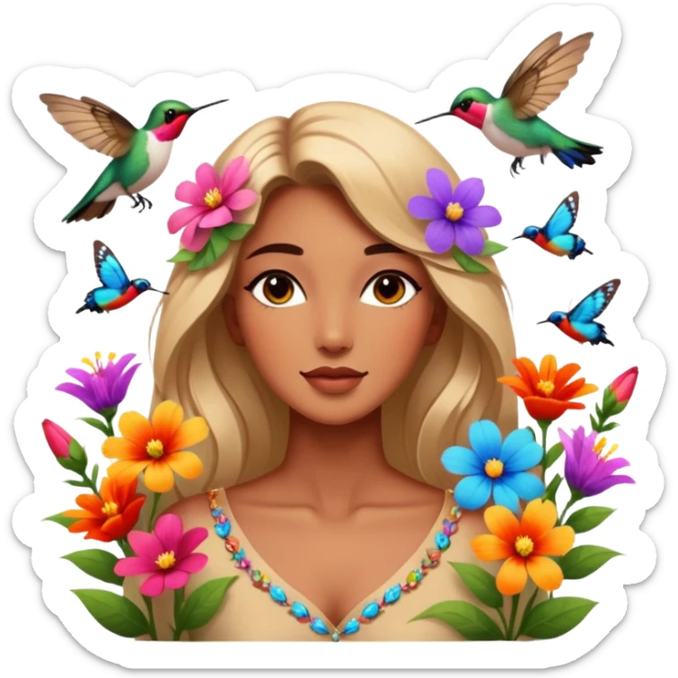 La la mañana se alegra entre flores y praderas ve avanzar mariposa bella y majestuosa entre colibrís sticker