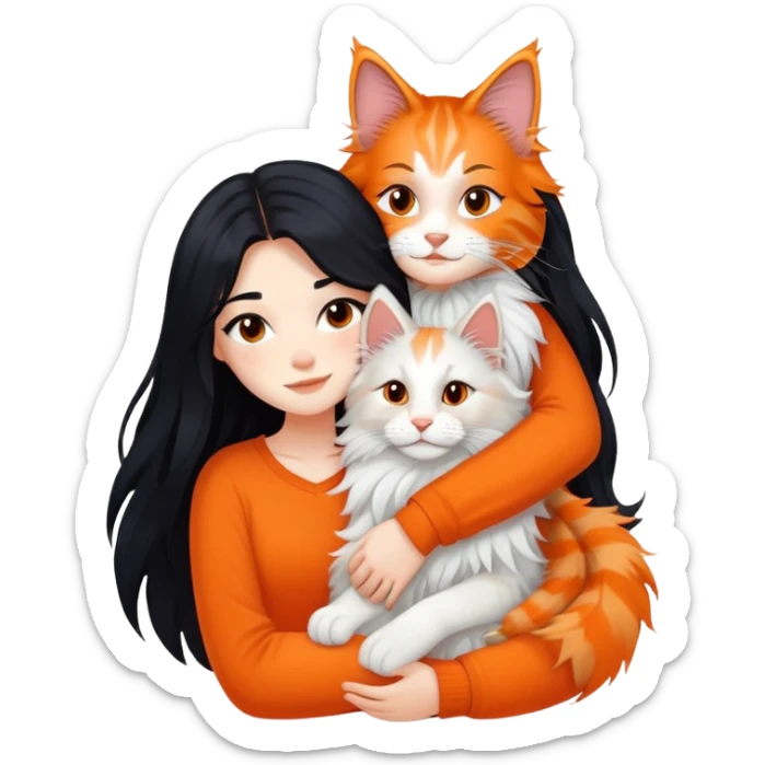 A girl with long black  hair tightly hugged a Maine coon sticker