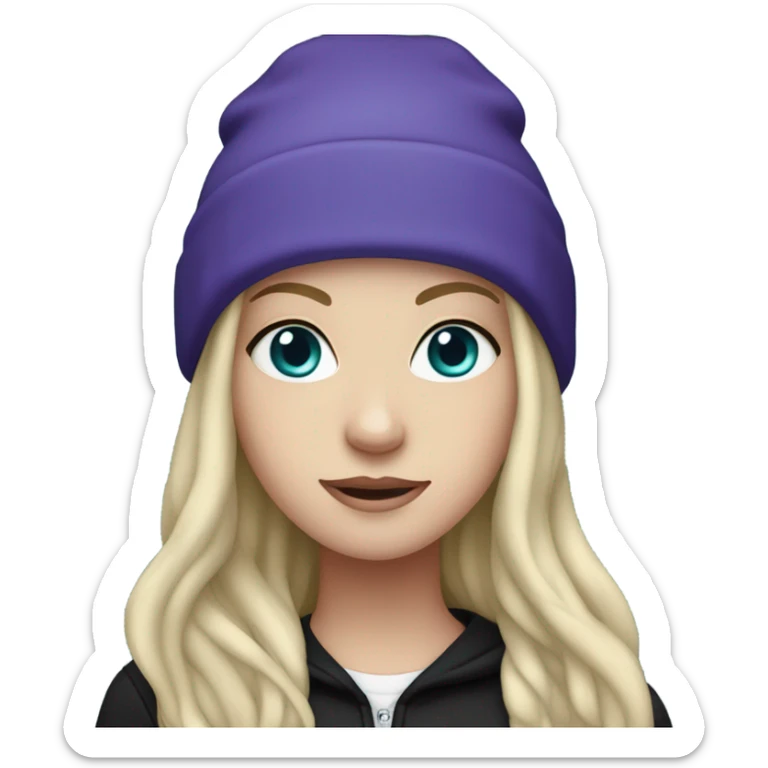 White girl, blue eyes, long teal hair, purple beanie hat, black hoodie, blue jeans, black shoes sticker
