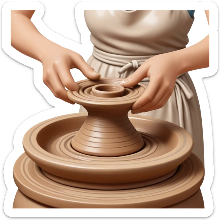 Cinematic Realistic image of a ceramic pottery wheel in action, with skilled hands shaping wet clay into a graceful form, featuring intricate details of swirling textures and gentle water splashes, illuminated by soft, artisanal lighting sticker
