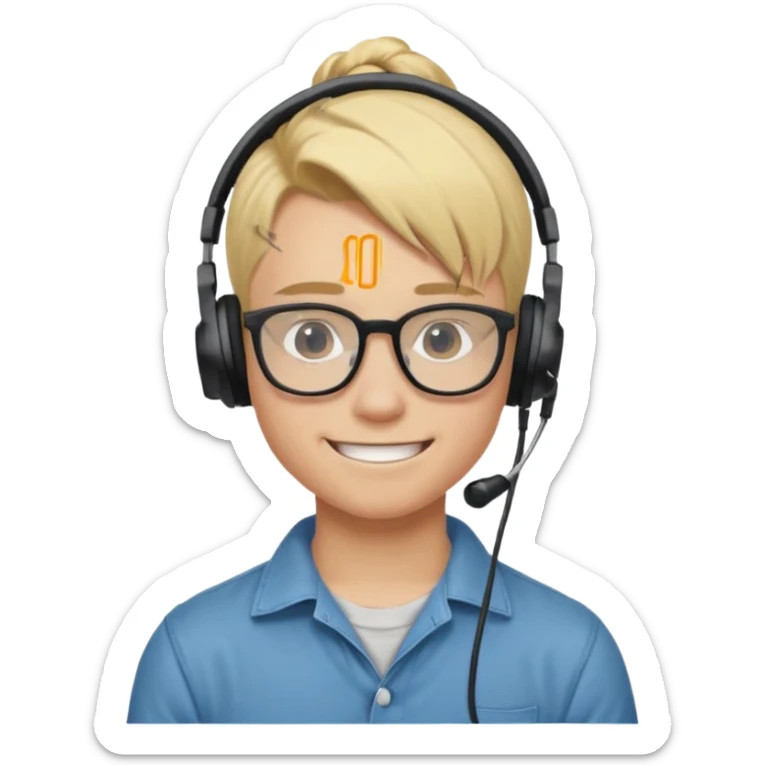 blond hair teen boy pony tail undercut with tattoo on his neck, wearing glasses, strong built, smile warmly with headphone sticker