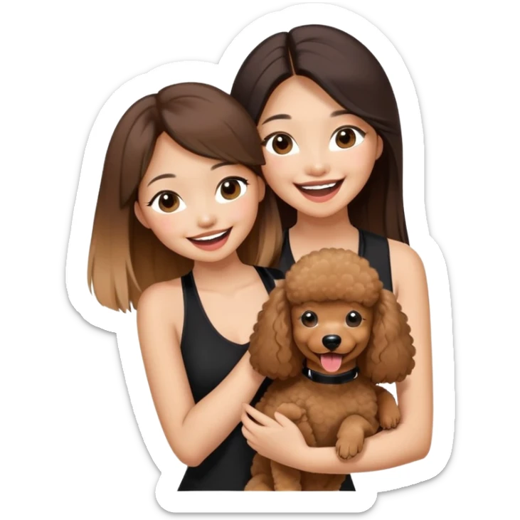 a asian girl with long straight balayage hair, long lashes, laughing, wearing black halterneck top, and holding a brown poodle sticker