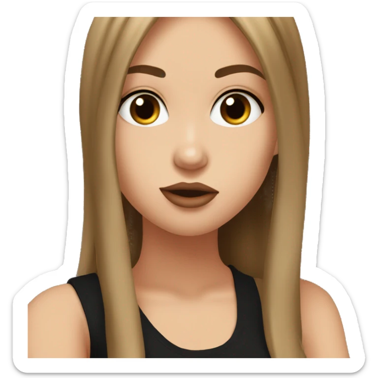 a white girl with brown straight hair and brown eyes with a black tank top doing a kiss face sticker