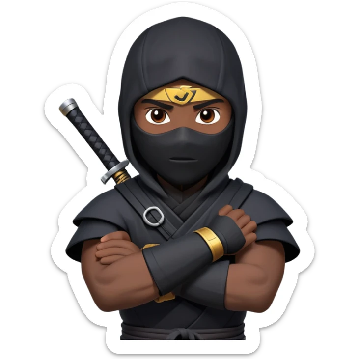 clash-of-clans-aesthetic_-cinematic-mysterious-male-ninja-portrait-emoji, rendered in a flat, vector-style with minimal shading and bold, simplified shapes, his arm is stretched out  with a head slightly turned revealing intense, focused eyes. the ninja has his arm out and perched on top of his forearm is  a black crow sticker