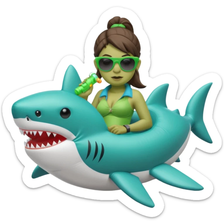 orc female sitting in an inflatable floatie shaped like a shark, wearing oversized sunglasses and a whistle on a neck cord sticker