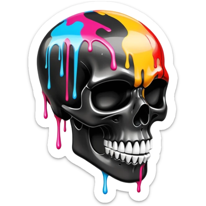 glossy black skull with street style colorful graffiti drips and iconic sports brand logos, side profile sticker