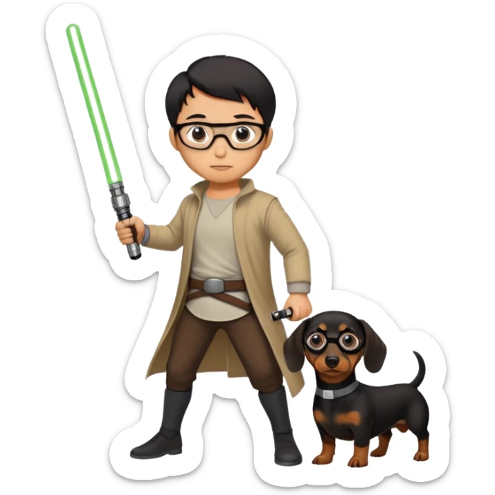 asian guy with eyeglasses and black short hair holding a lightsaber with a black and brown dachshund next to him sticker