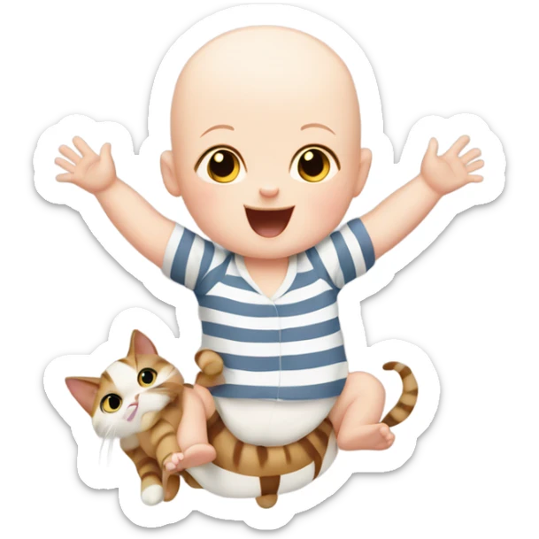 bald white baby riding on a striped cat with its arms in the air sticker