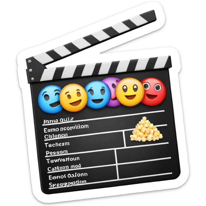 A colorful title slide for "The Emoji Movie Quiz" slideshow game with movie clapperboard, popcorn, and quiz elements arranged in presentation format sticker