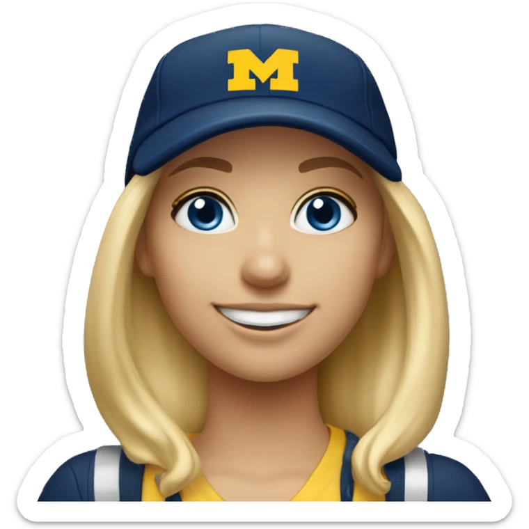 Blonde girl with blue eyes smiling wearing University of Michigan ball cap sticker