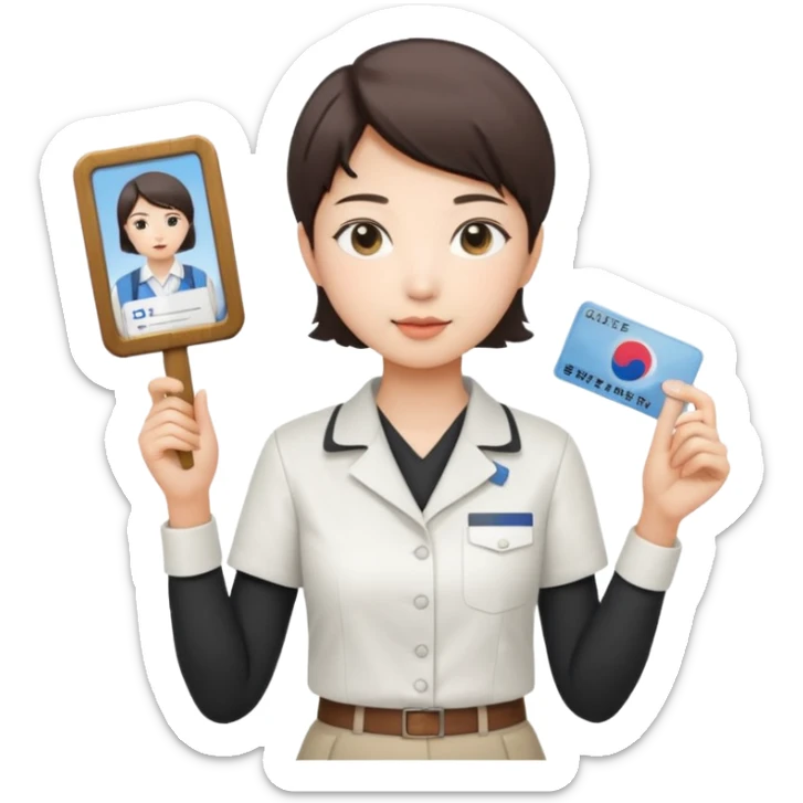 A Korean short-haired female tour guide is wearing a white shirt and holding her guide license in one hand, which is a horizontal card. sticker