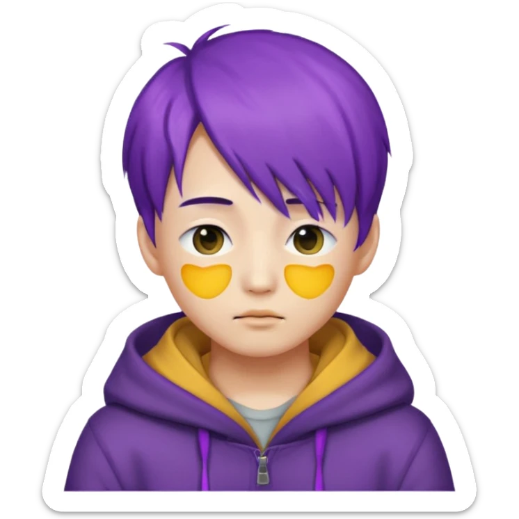 Korean boy with purple hair covering his eyes, emoji style sticker