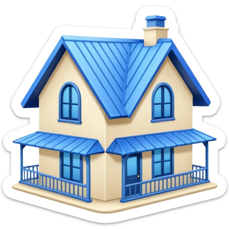 a creamy-colored house with blue trim and a blue roof sticker